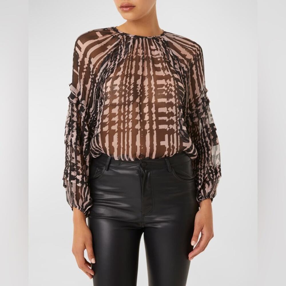 New MISA Los Angeles Victoire Ruffle Trim Blouson Sleeve Blouse Black XS
